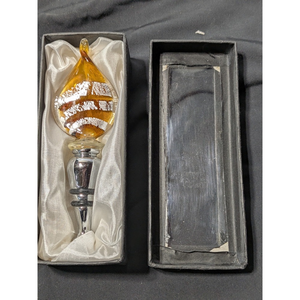 Hand-Blown Amber & Silver Leaf Art Glass Wine Stopper - New in‎ Box